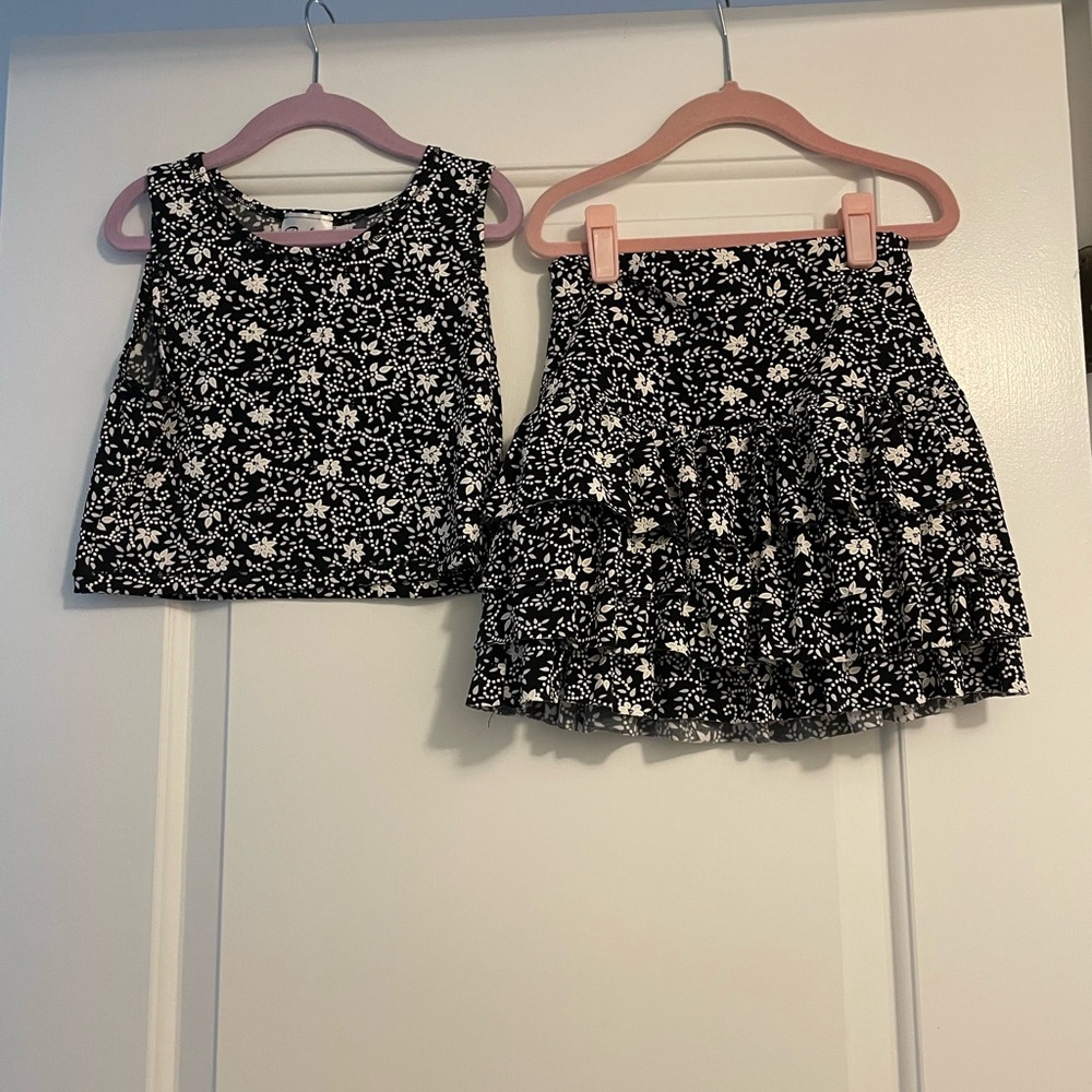 Floral Black and White Top and Skirt Set